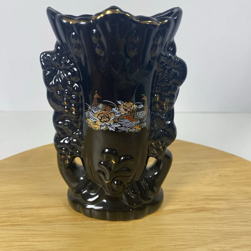 Japanese Style Black Boat Vase And Two Medium with Peacock Floral Scene 3 Pieces